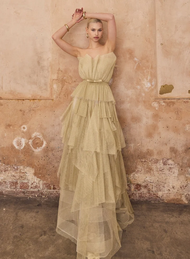 True Decadence Gold Glitter Tiered Strapless Organza Cocktail Dress