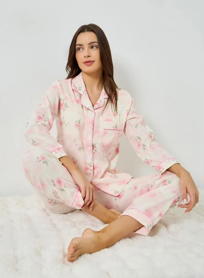 Floral Print Long Sleeve Shirt and Pyjama Set