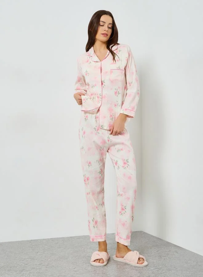 ستايلي مجموعة من بيجاما وقميص بطبعة زهور وأكمام طويلة