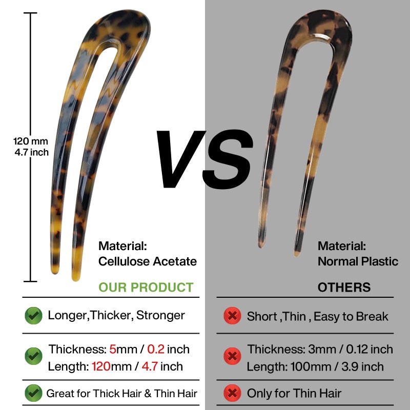 HYFEEL French Hair Forks Tortoise Shell U Shape Updo Hair Pins Clips for Thin Thick Hair, 4.3 inch Classic Cellulose Acetate 2 Prong Bun Hair Sticks Chignon Women Vintage Hairstyle Accessories, 3 Pack - Image 3