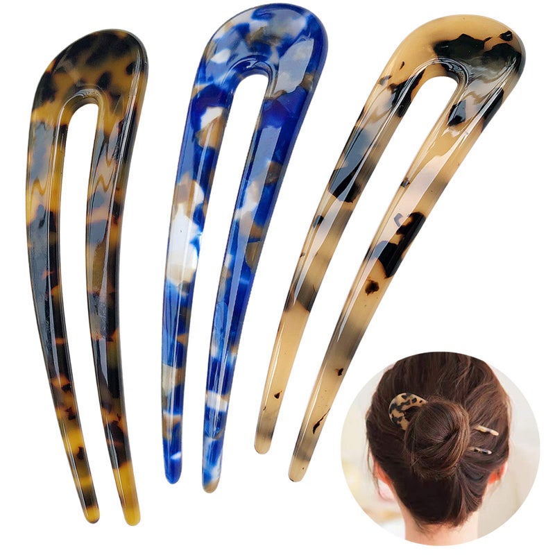 HYFEEL French Hair Forks Tortoise Shell U Shape Updo Hair Pins Clips for Thin Thick Hair, 4.3 inch Classic Cellulose Acetate 2 Prong Bun Hair Sticks Chignon Women Vintage Hairstyle Accessories, 3 Pack - Image 1
