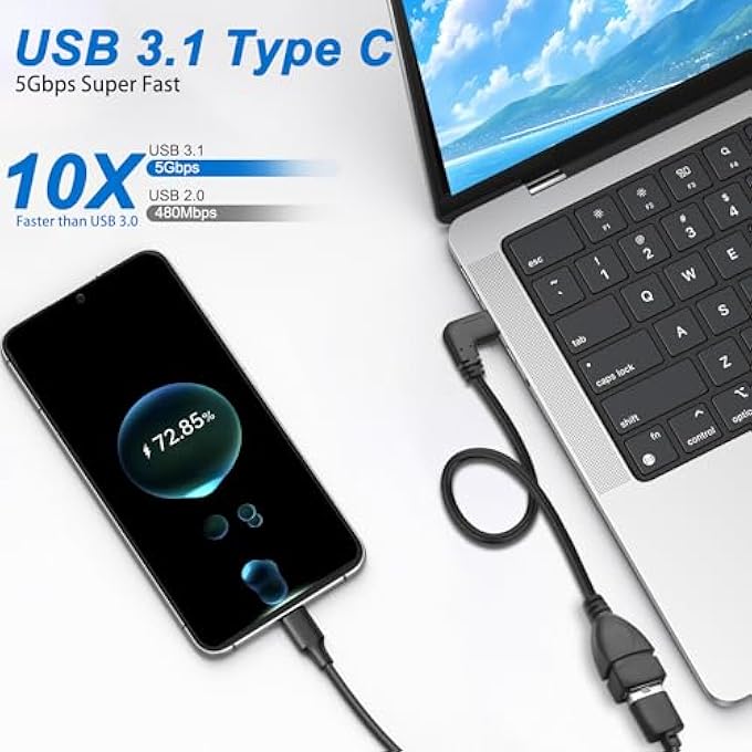 rayihni USB C TO USB 3.0 ADAPTER, 90 DEGREE USB 3.1 C MALE TO USB 3.0 A FEMALE OTG CABLE 5GBPS DATA & CHARGING CORD FOR PHONES TABLET PC LAPTOP (BLACK, 0.25M) - Image 3
