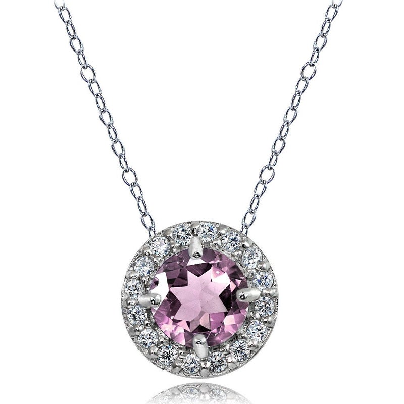 Ice Gems Sterling Silver Light Purple Cubic Zirconia and White Topaz Round Halo Necklace - Image 1