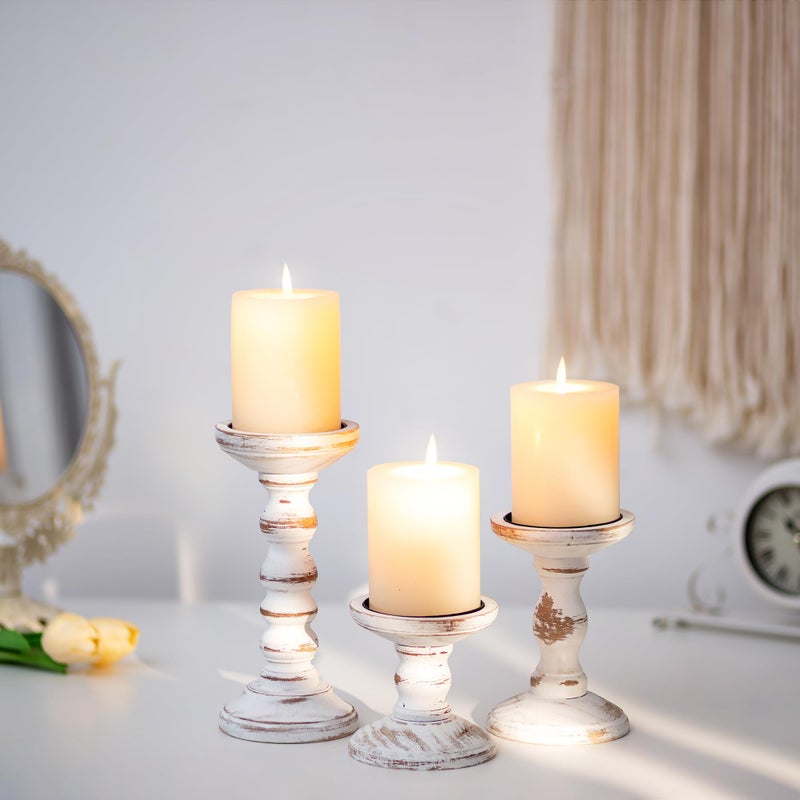 Romadedi Wood Candle Holders for Pillar Candles - Set of 3 Tall Farmhouse Wooden Candlestick Holder, Rustic Candle Stand for Fireplace Mantle Shelf Table Home Decor, Brown Whitewashed 3.9"/6"/ 8.3" - Image 4