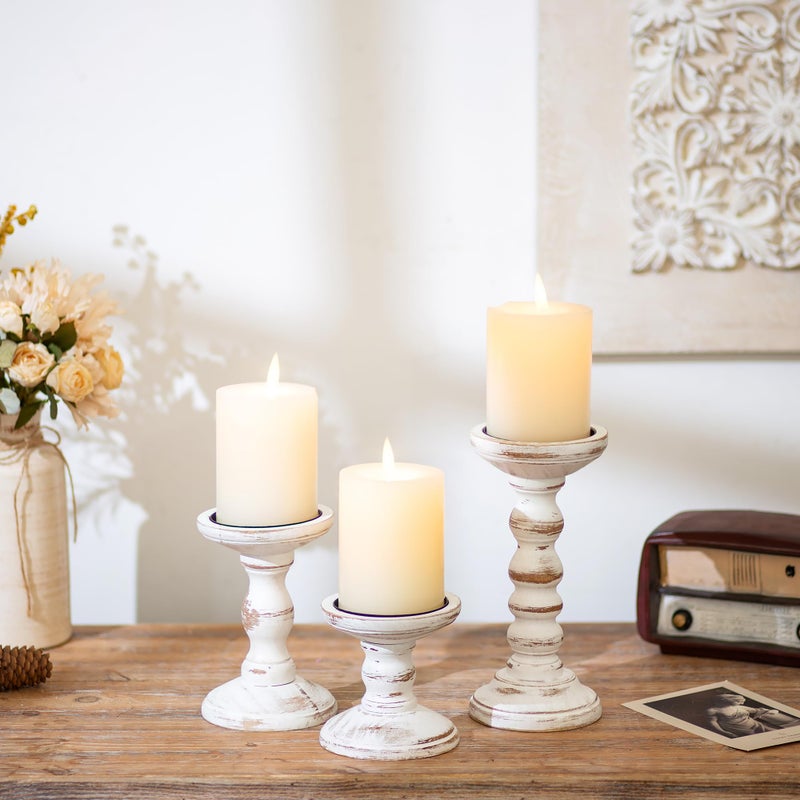 Romadedi Wood Candle Holders for Pillar Candles - Set of 3 Tall Farmhouse Wooden Candlestick Holder, Rustic Candle Stand for Fireplace Mantle Shelf Table Home Decor, Brown Whitewashed 3.9"/6"/ 8.3" - Image 3