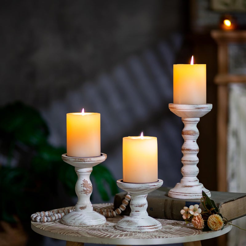 Romadedi Wood Candle Holders for Pillar Candles - Set of 3 Tall Farmhouse Wooden Candlestick Holder, Rustic Candle Stand for Fireplace Mantle Shelf Table Home Decor, Brown Whitewashed 3.9"/6"/ 8.3" - Image 2