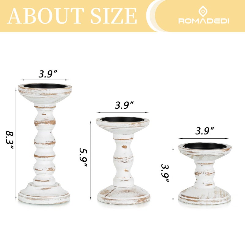 Romadedi Wood Candle Holders for Pillar Candles - Set of 3 Tall Farmhouse Wooden Candlestick Holder, Rustic Candle Stand for Fireplace Mantle Shelf Table Home Decor, Brown Whitewashed 3.9"/6"/ 8.3" - Image 5