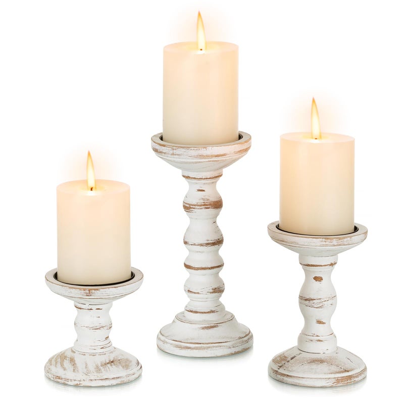 Romadedi Wood Candle Holders for Pillar Candles - Set of 3 Tall Farmhouse Wooden Candlestick Holder, Rustic Candle Stand for Fireplace Mantle Shelf Table Home Decor, Brown Whitewashed 3.9"/6"/ 8.3" - Image 1