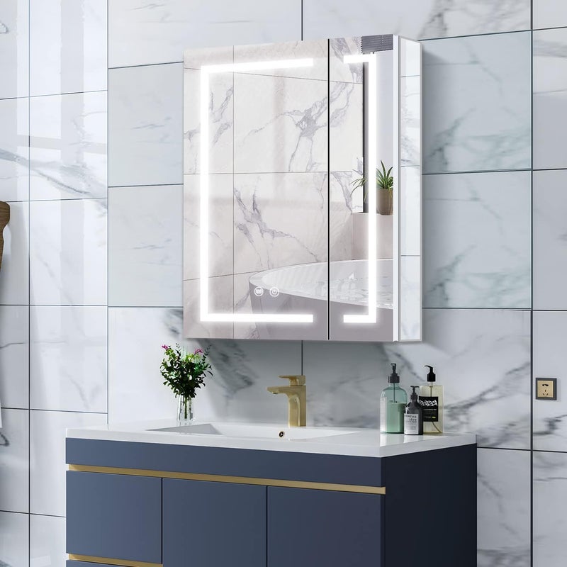 Janboe Janboe LED Medicine CabinetBathroom Mirror Cabinet with Lights2428inchEquip with Internal LightAluminum ConstructionUSB Shaver Socket3 ColorDimmerDemisterSurface Mounted and Recess Mounted 