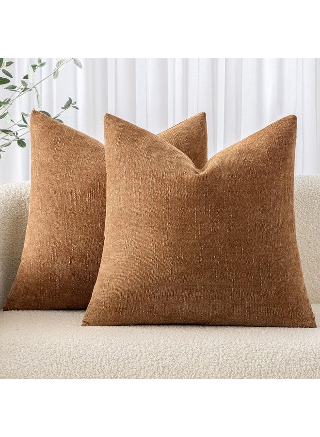 MIULEE MIULEE Pack of 2 Decorative Throw Pillow Covers Soft Chenille Throw Pillows Solid Neutral Farmhouse Textured Cushion Covers for Couch Sofa Bedroom Living Room 20x20 Inch, Brown  - Image 1