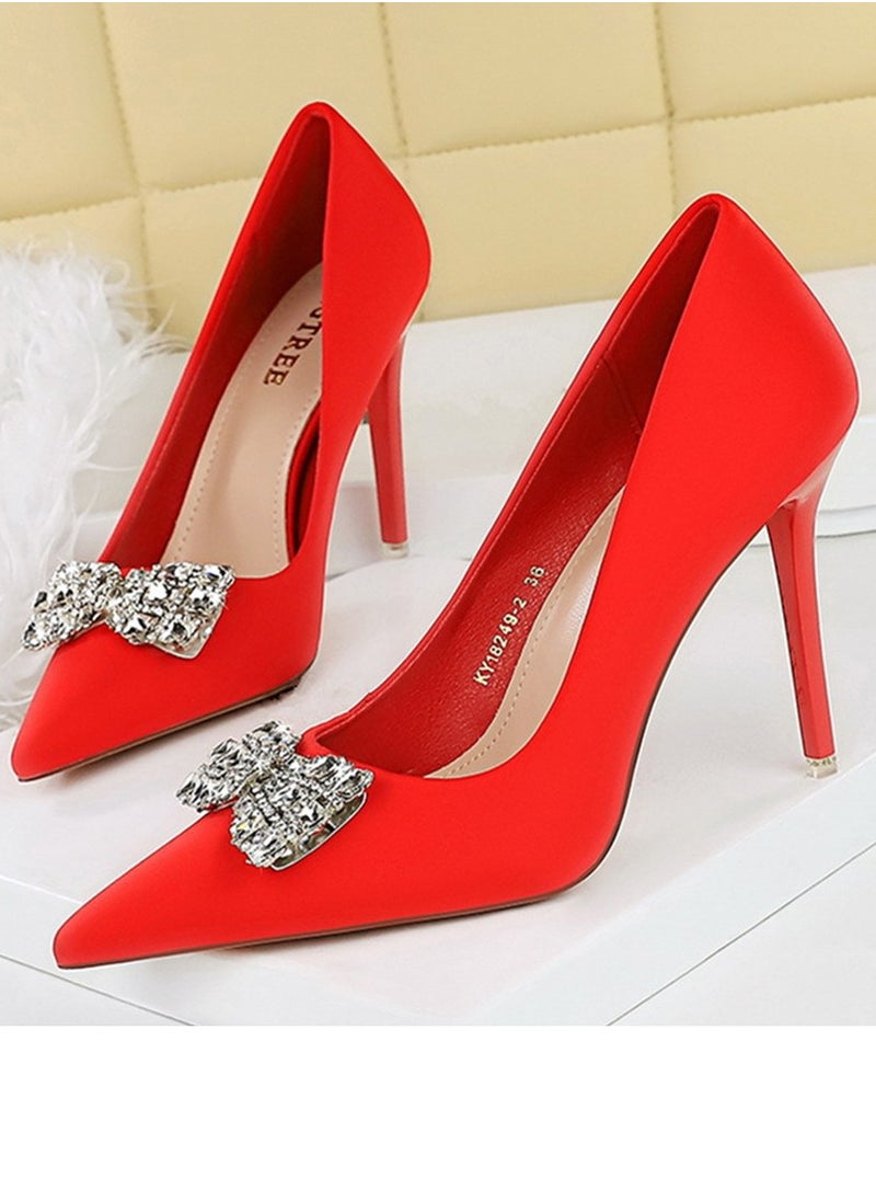 BIGTREE Women's Satin Closed Pointed Toe Stiletto Pump Rhinestone Bowknot Decoration High Heels Red 10.5 CM 