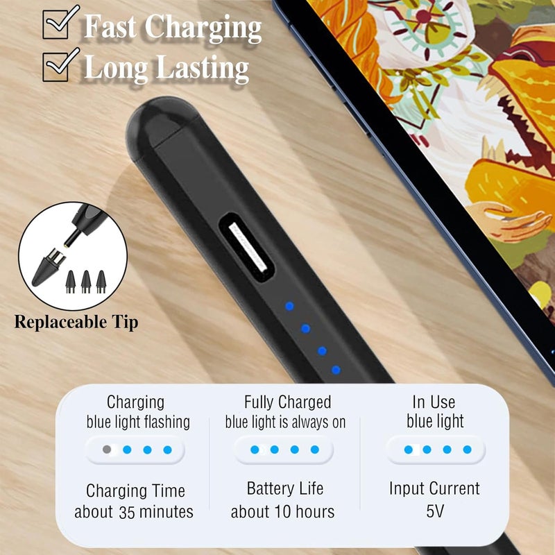 Luntak Active Stylus Pens for Touch Screens Rechargeable Tablet Pen POM Tip Magnetic iPad Pencil Universal Stylus Pen for iPad/Pro/Air/Mini/iPhone/Samsung/iOS/Android and Other Smartphone Device-Black - Image 4