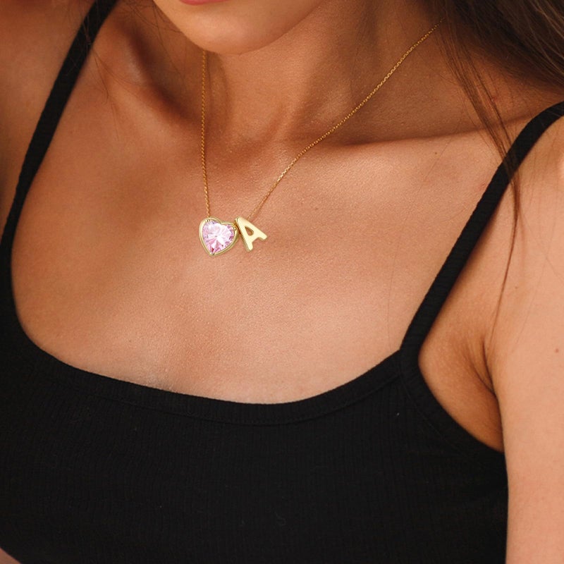 Esrial Heart Birthstone Initial Necklace for Women Girls,14K Gold Plated Heart Letter A-Z Necklace Dainty Birthday Trendy Jewelry Gifts for Women Girls Daughter(October,Initial A) - Image 2