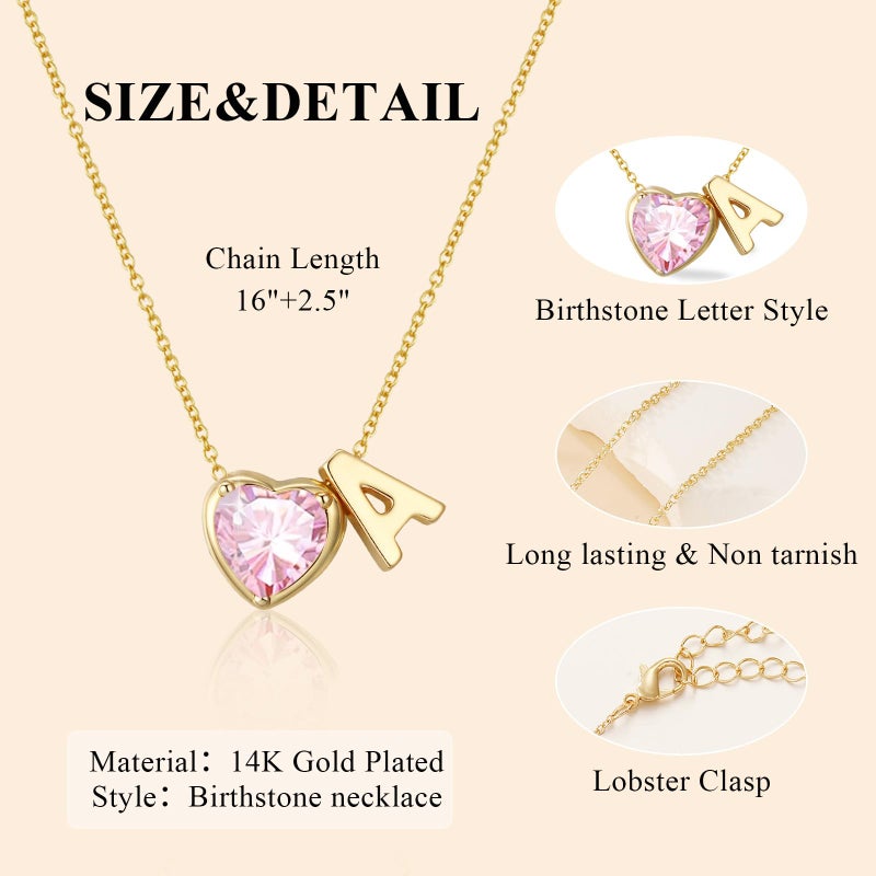 Esrial Heart Birthstone Initial Necklace for Women Girls,14K Gold Plated Heart Letter A-Z Necklace Dainty Birthday Trendy Jewelry Gifts for Women Girls Daughter(October,Initial A) - Image 5