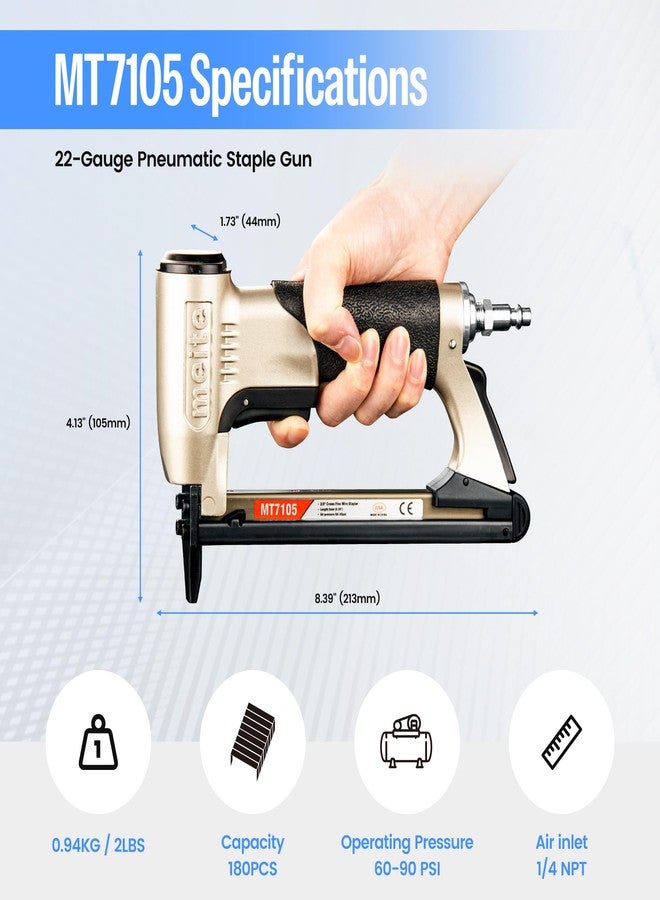 meite Pneumatic Upholstery Stapler, Accepts 22 Gauge 3/8-Inch Crown (71 Type) 3/16-Inch Leg Length Staples, Fine Wire Tool for Upholstery, Woodworking (Model MT7105) - Image 2