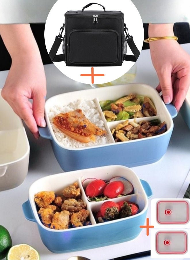 XiuWoo 2 Piece Microwave Heating High Ceramic Lunch Boxes 1050ml, 850ml with Insulation Bag  - Image 1