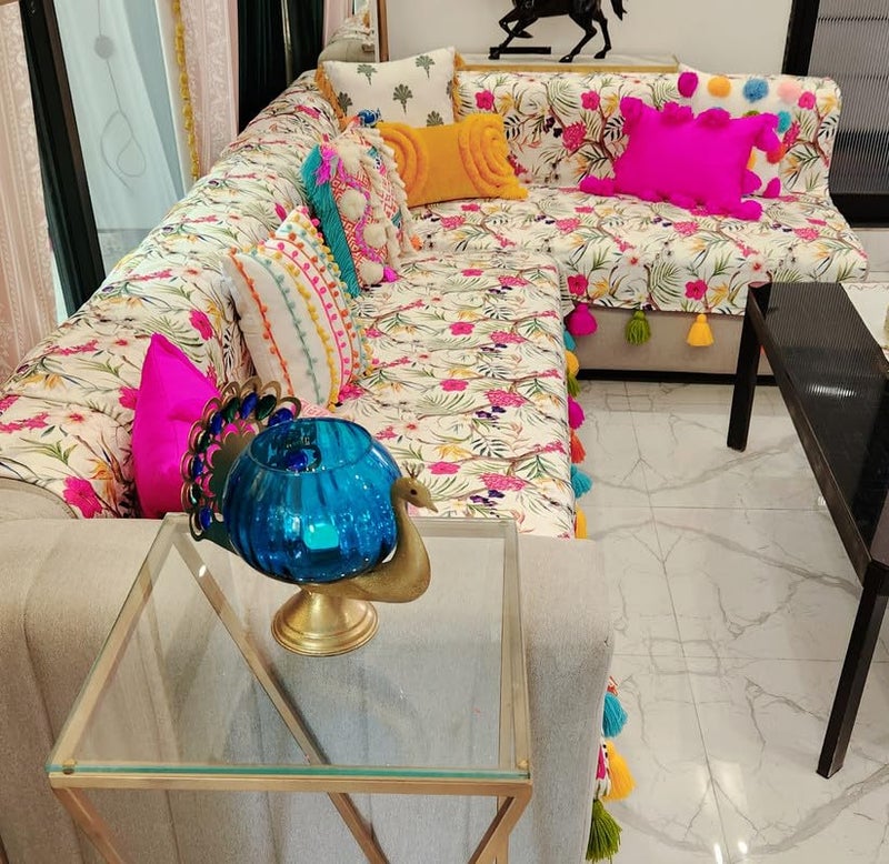 WWW.THROWPILLOW.IN WWWTHROWPILLOWIN Multicoloured Floral Festive Tassel Sofa CoverLiving Room DecorDiwali Home Decor Antislip Seat Front Back Protection Set of 3 Covers Fits 311 Seater  - Image 4