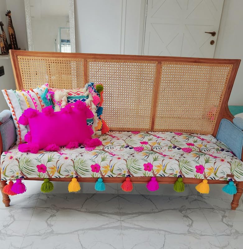 WWW.THROWPILLOW.IN WWWTHROWPILLOWIN Multicoloured Floral Festive Tassel Sofa CoverLiving Room DecorDiwali Home Decor Antislip Seat Front Back Protection Set of 3 Covers Fits 311 Seater  - Image 3