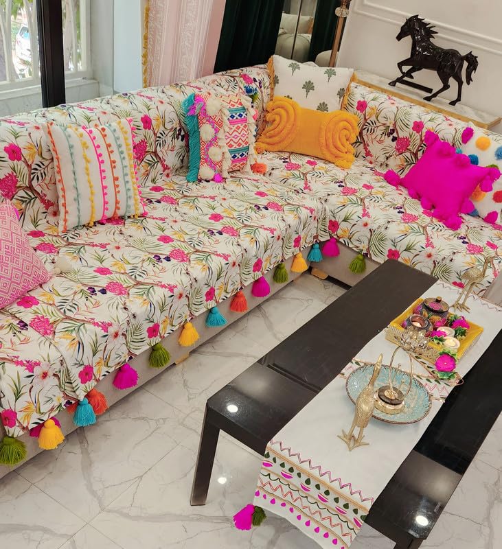 WWW.THROWPILLOW.IN WWWTHROWPILLOWIN Multicoloured Floral Festive Tassel Sofa CoverLiving Room DecorDiwali Home Decor Antislip Seat Front Back Protection Set of 3 Covers Fits 311 Seater  - Image 1