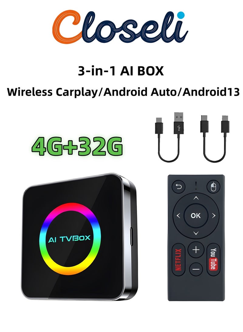 كلوزيلي محول CarPlay وAndroid Auto لاسلكي 3 في 1، دونجل CarPlay لاسلكي، AI TV Box، يحوّل CarPlay السلكي إلى لاسلكي، تشغيل فوري Plug & Play، مع YouTube وNetflix وMirror Link، اتصال مستقر بدون تأخير، يدعم Bluetooth وWi-Fi، متوافق مع USB-A / Type-C ‏(4GB + 32GB). - Image 1