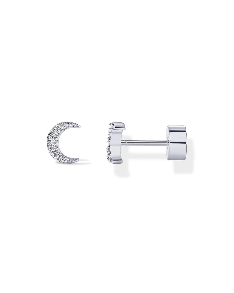 PAVOI Rhodium Plated Earrings for Women | Crescent Moon and Star Earring | Cubic Zirconia Cartilage Helix Piercing Jewelry | 925 Sterling Trendy Flat Back Studs - Image 1