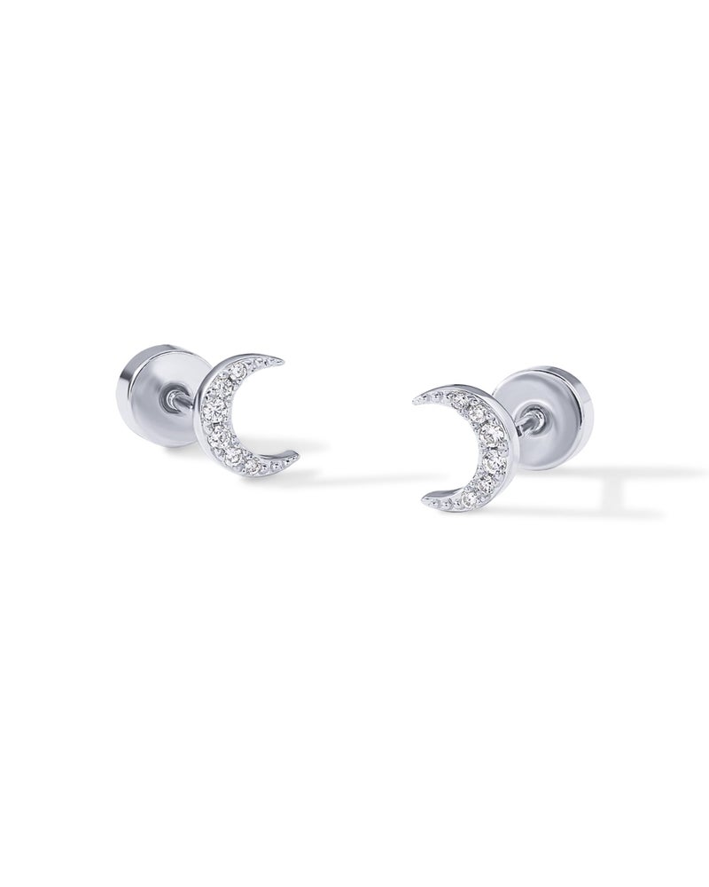 PAVOI Rhodium Plated Earrings for Women | Crescent Moon and Star Earring | Cubic Zirconia Cartilage Helix Piercing Jewelry | 925 Sterling Trendy Flat Back Studs - Image 3