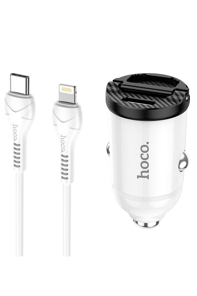 Hoco NZ2 - Link PD 30W USB-A & Type-C Ports Fast Car Charger Set With Lightning Cable (1m), Support QC3.0 AFC FCP SCP Fast Charing Protocols, Compatible With iPhone Samsung Xiaomi Oppo Huawei - white - Image 1