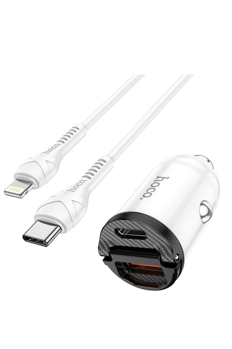 Hoco NZ2 - Link PD 30W USB-A & Type-C Ports Fast Car Charger Set With Lightning Cable (1m), Support QC3.0 AFC FCP SCP Fast Charing Protocols, Compatible With iPhone Samsung Xiaomi Oppo Huawei - white - Image 2