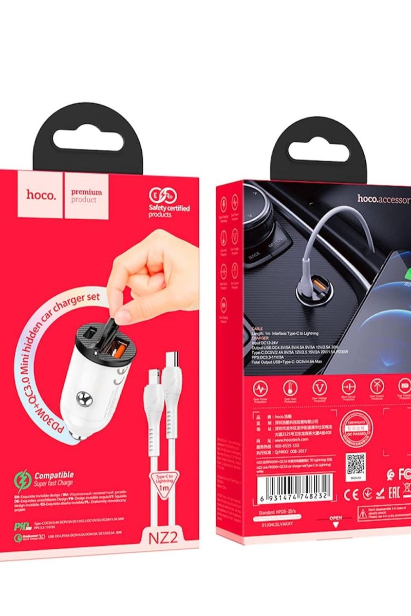 Hoco NZ2 - Link PD 30W USB-A & Type-C Ports Fast Car Charger Set With Lightning Cable (1m), Support QC3.0 AFC FCP SCP Fast Charing Protocols, Compatible With iPhone Samsung Xiaomi Oppo Huawei - white - Image 5