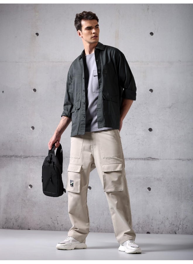 Beyoung Dark Grey Solid Cotton Twill Shirt for Men  - Image 5
