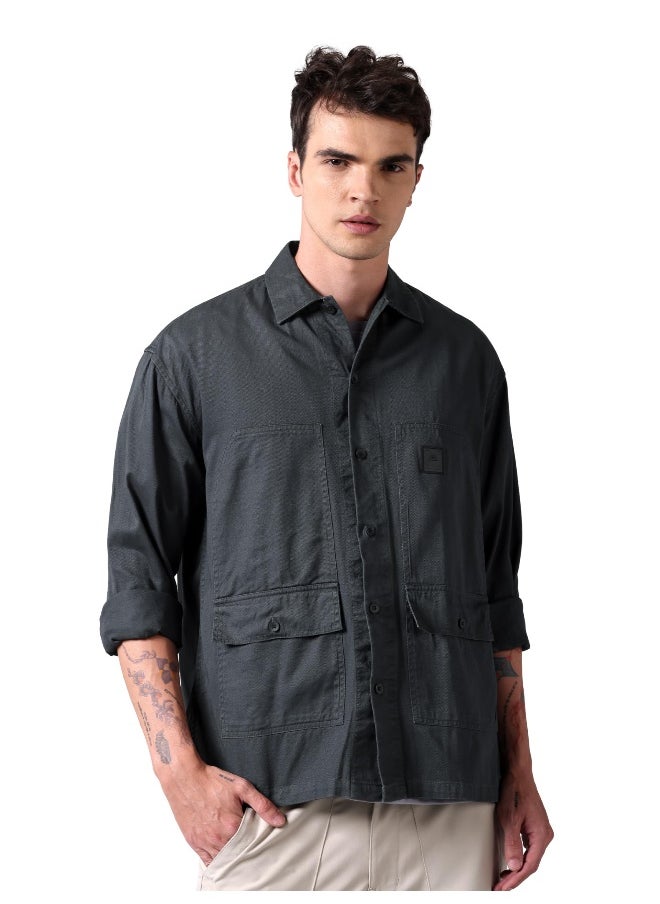 Beyoung Dark Grey Solid Cotton Twill Shirt for Men  - Image 1