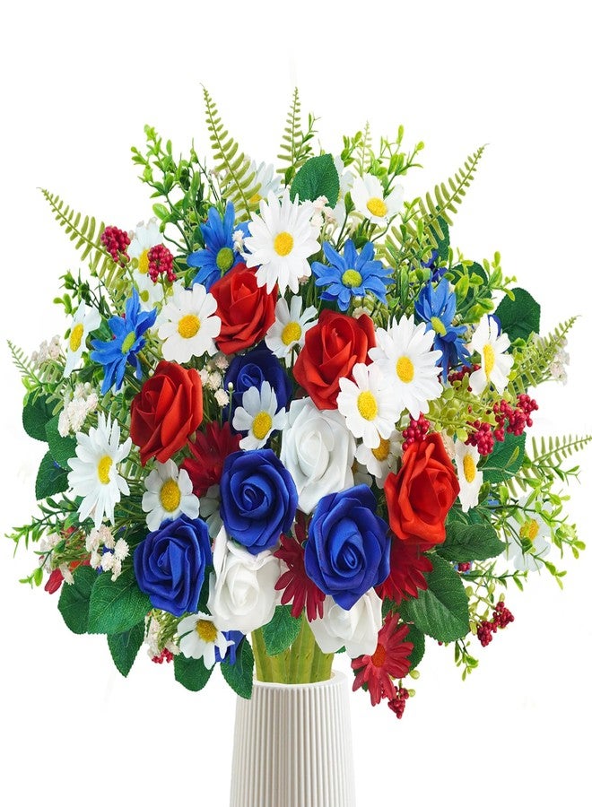 Ruidazon 8 Bundles Patriotic Artificial Flowers, 4th of July Red White and Blue Flowers Patriotic Silk Rose Floral Arrangement for 4th of July Decorations Memorial Day Centerpieces Home - Image 1