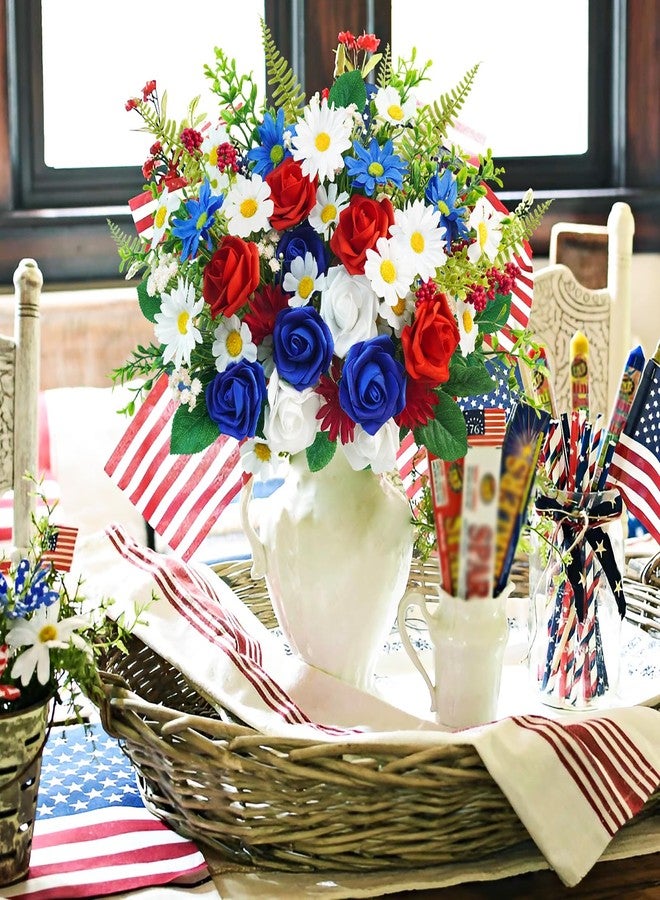 Ruidazon 8 Bundles Patriotic Artificial Flowers, 4th of July Red White and Blue Flowers Patriotic Silk Rose Floral Arrangement for 4th of July Decorations Memorial Day Centerpieces Home - Image 4