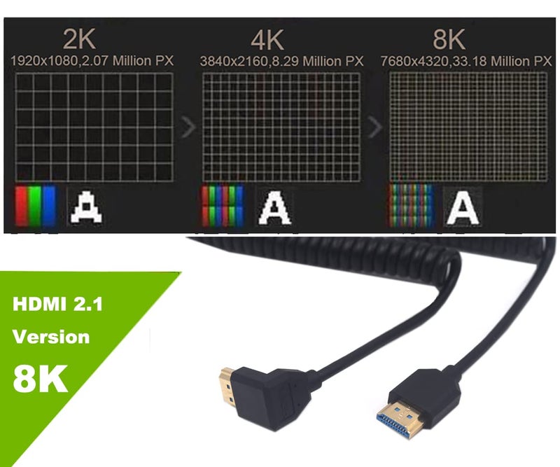 Kework 4ft HDMI 8K@60HZ Coiled Cable, 90 Degree Down Angle HDMI 2.1 Male to Male Adapter Shield Spring Spiral Cord, Ultra HD, 48Gbps High Speed - Image 4