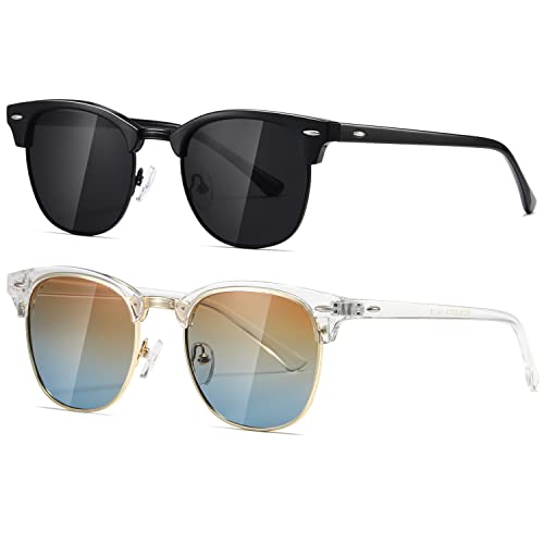 AEVOGUE Polarized Sunglasses For Women And Men Semi Rimless Frame Retro Sun Glasses AE0369 (Glossy Black&Transparent Brown Blue) - Image 1
