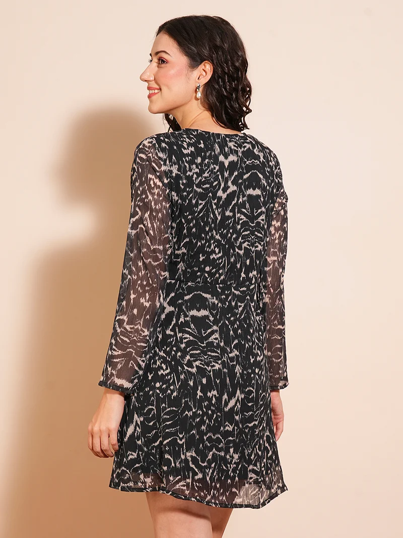globus Women V-Neck Animal Print Tie-Ups Fit & Flare Mini Dress