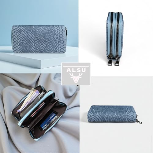 ALSU Women’s Luxury Vegan Leather Zip-Around Wallet Blue | 6 Card Slots, Dual Zipper Compartments, Phone & Currency Holder | Designer Snake-Texture Purse for Women | Elegant Gift for Ladies(ch-002blu) - Image 5
