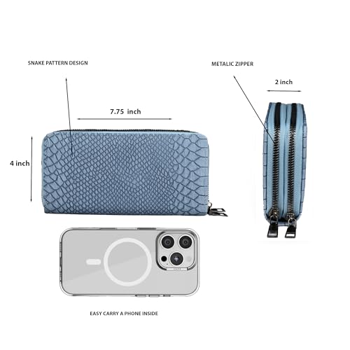 ALSU Women’s Luxury Vegan Leather Zip-Around Wallet Blue | 6 Card Slots, Dual Zipper Compartments, Phone & Currency Holder | Designer Snake-Texture Purse for Women | Elegant Gift for Ladies(ch-002blu) - Image 3