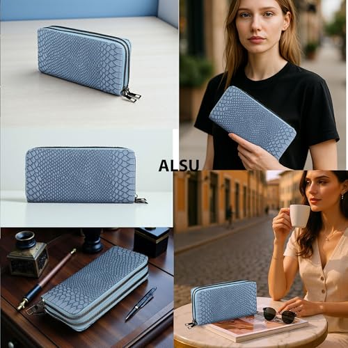 ALSU Women’s Luxury Vegan Leather Zip-Around Wallet Blue | 6 Card Slots, Dual Zipper Compartments, Phone & Currency Holder | Designer Snake-Texture Purse for Women | Elegant Gift for Ladies(ch-002blu) - Image 2