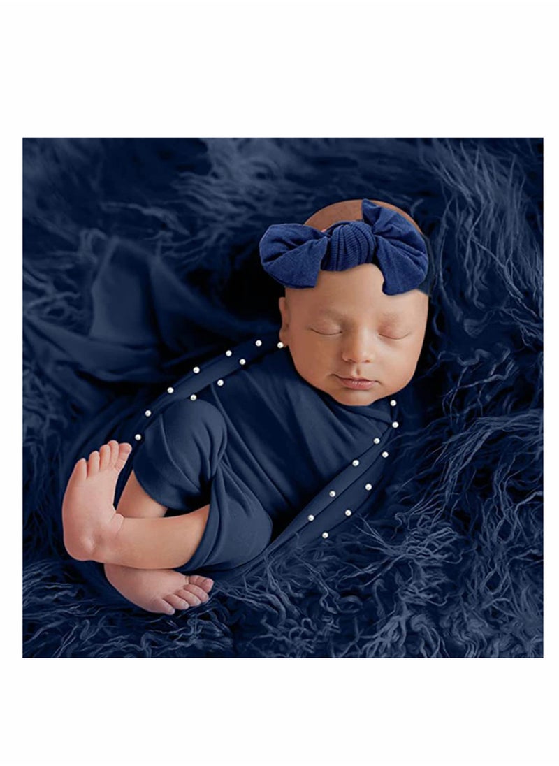 Generic - Newborn Photography Props Set, 4 Pcs Baby Long Ripple Wrap and Toddler Swaddle Blankets with Headbands for Infants, Ideal for Studio Photo Sessions (Dark Blue) - Image 1
