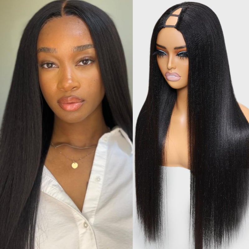 Nadula V Part Wig Yaki Straight Human Hair No Leave Out Glueless Upgraded U Part Wigs for Women10A Yaki Straight Vpart Wigs V Shape Clip in Half Wig Ready to Go 150 Density 22inch