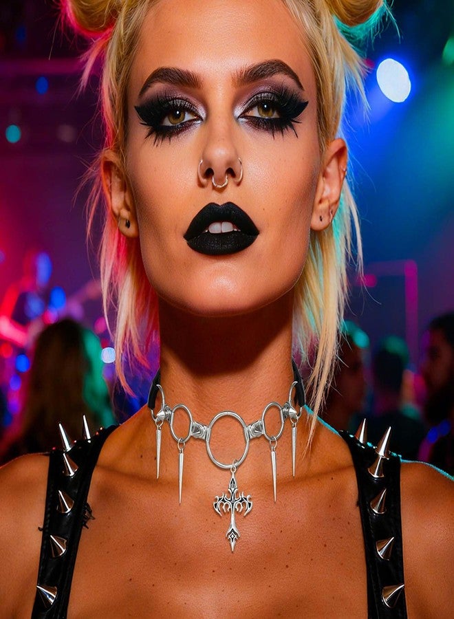 ELABEST Punk Cross Necklace Leather Spike Choker Chain Gothic Collar Jewelry for Women - Image 2