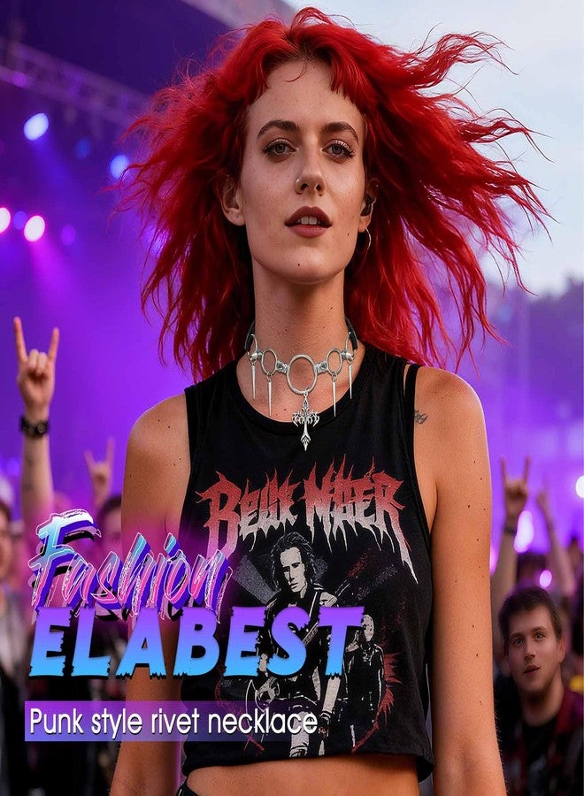 ELABEST Punk Cross Necklace Leather Spike Choker Chain Gothic Collar Jewelry for Women - Image 4