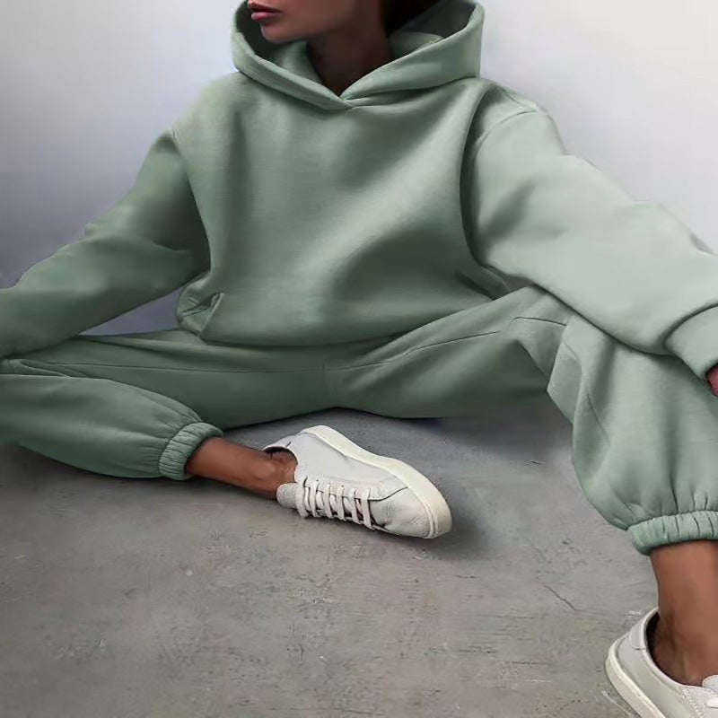 2022 cross-border spring and autumn fashion casual hooded sweater two-piece long sleeve solid color fleece skinny casual suit Bean Green
