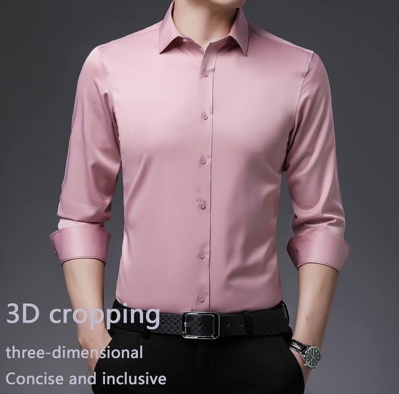 woobles Men High-Stretch Non-iron Anti-wrinkle Shirt Long Sleeve Business Standard Shirt X-Large A - Image 2
