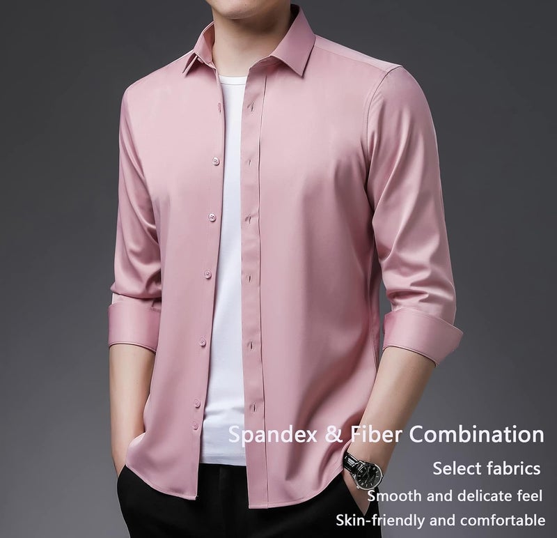 woobles Men High-Stretch Non-iron Anti-wrinkle Shirt Long Sleeve Business Standard Shirt X-Large A - Image 4