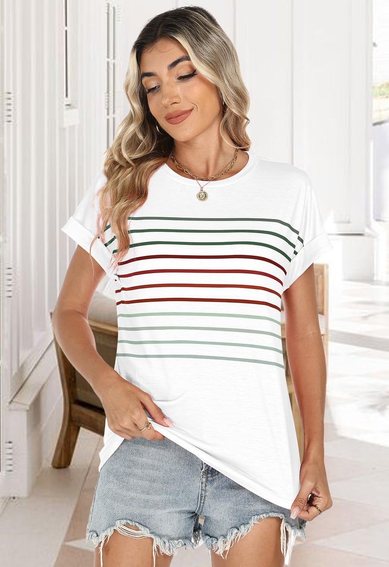 Loaribe Womens Short Dolman Sleeve Crew Neck Shirt Summer Tops Beach Vacation Clothes Fashion Striped Casual Outfits Trendy Spring Break Essentials T Shirts 2026 Basic Loose Fit Clothing, White, M - Image 4