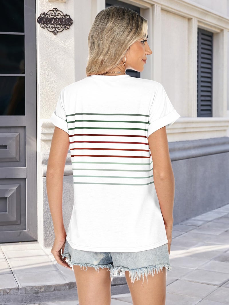 Loaribe Womens Short Dolman Sleeve Crew Neck Shirt Summer Tops Beach Vacation Clothes Fashion Striped Casual Outfits Trendy Spring Break Essentials T Shirts 2026 Basic Loose Fit Clothing, White, M - Image 2
