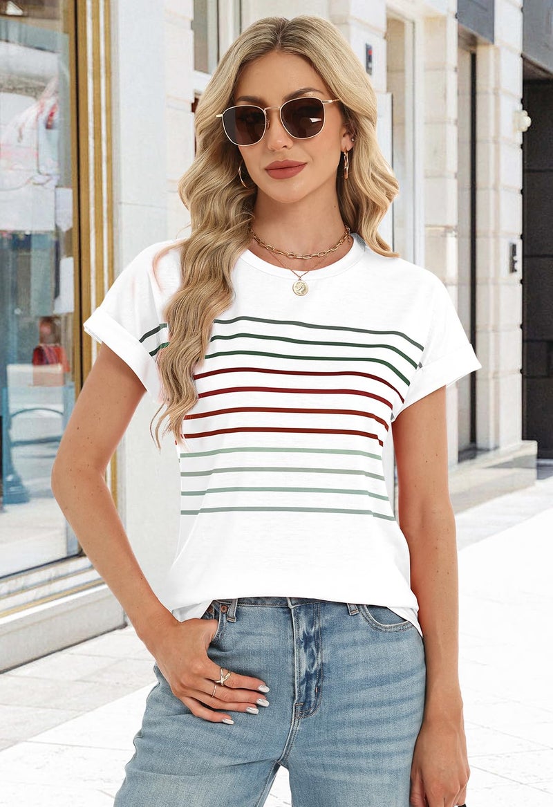 Loaribe Womens Short Dolman Sleeve Crew Neck Shirt Summer Tops Beach Vacation Clothes Fashion Striped Casual Outfits Trendy Spring Break Essentials T Shirts 2026 Basic Loose Fit Clothing, White, M - Image 3