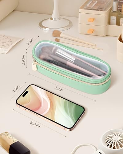 Soimeat Clear Travel Makeup Brush Holder, Leather Makeup Brush Toiletry Bag, Portable Cosmetic Brush Case, Transparent Waterproof Makeup Brush Storage Bag, Mint Green - Image 3